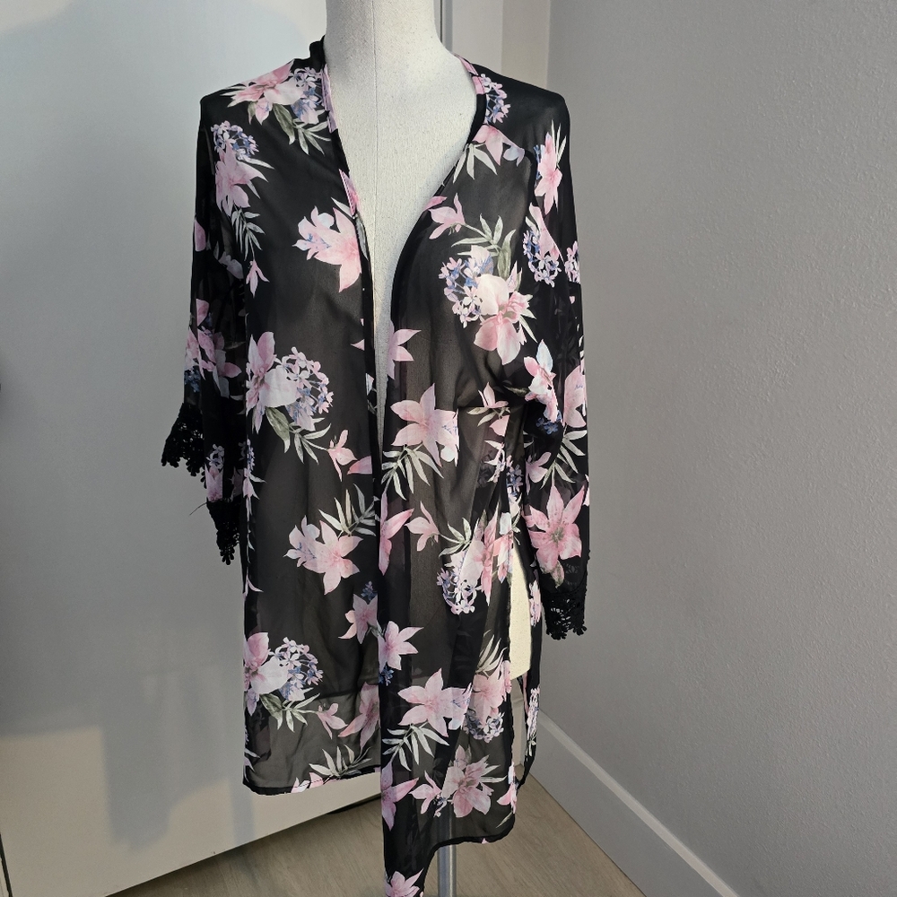 Pinkblush Black Kimono with Pink Floral Design SZ Small